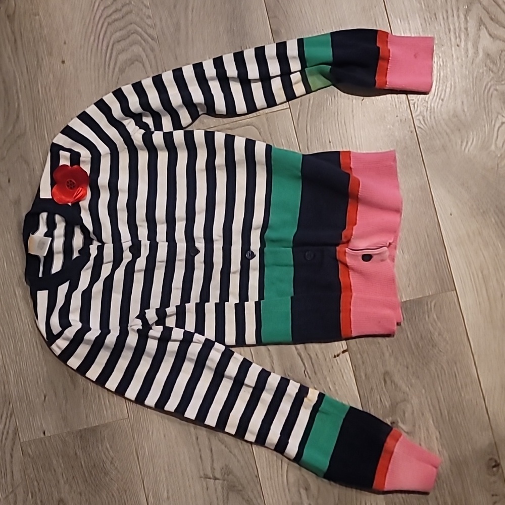 New Gymboree Navy and White Striped Cardigan with Red Floral Accent Size 10/12